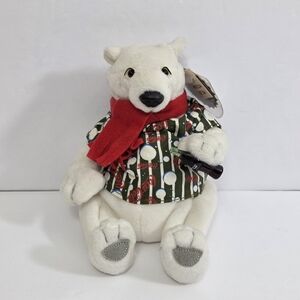 Coca-Cola Bean Bag Plush/Vintage 1999 Polar Bear in Green and White Stripe Shirt